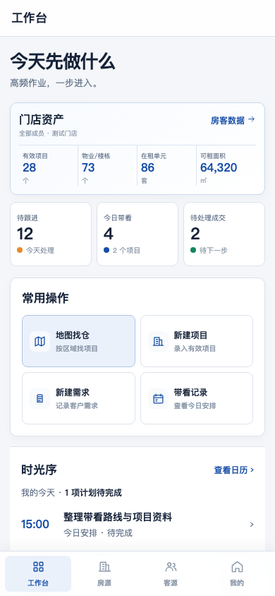 工作台界面:门店资产统计与常用操作入口